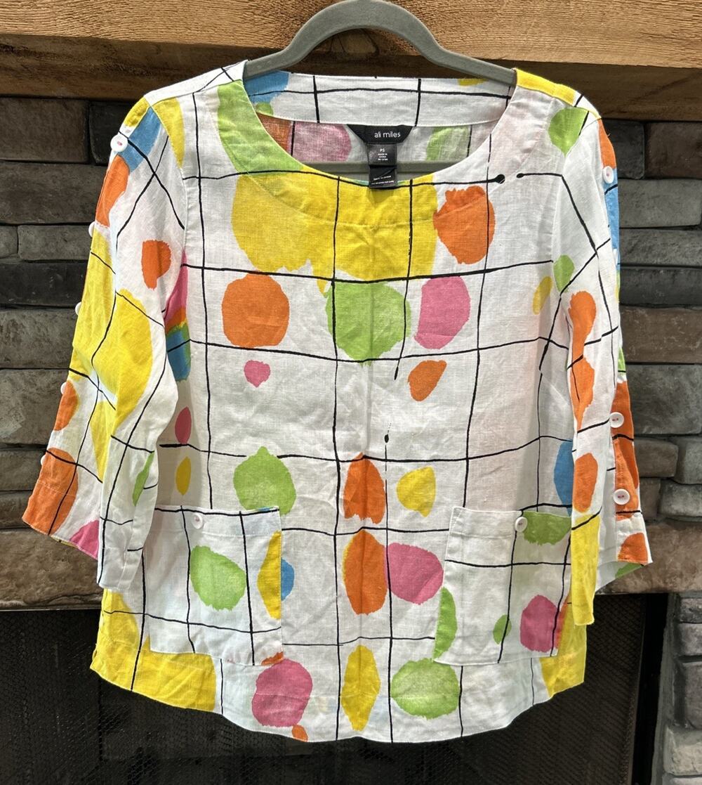 Women’s Ali Miles Top Multicolored Circles Linen Blouse Size PS Petite S *B7